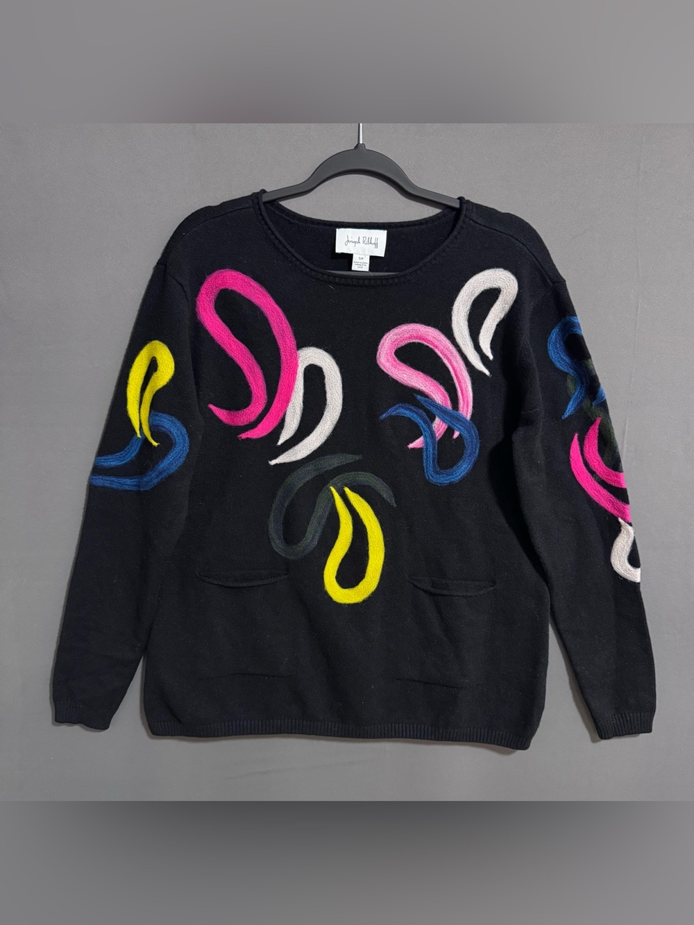 NWT Joseph Ribkoff Embroidered Abstract Swirl Sweater Black Pink Boxy Small S